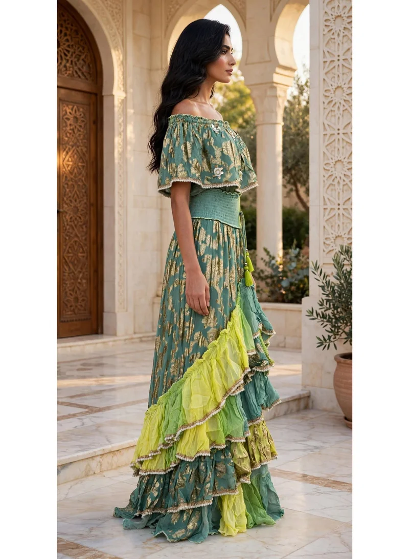 Ikkxa  Off Shoulder Metallic Tiered Maxi Jalabiya for Women | Best Price UAE