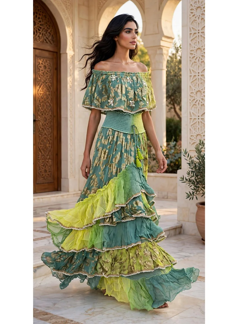 Ikkxa  Off Shoulder Metallic Tiered Maxi Jalabiya for Women | Best Price UAE