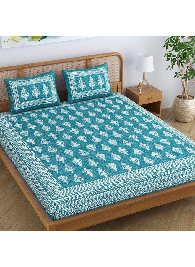 SheetKart Motif Floral 144 TC 100% Cotton Double Bedsheet Jaipuri Printed Bed Cover with 2 Pillow Covers - Sea Green - Image 1