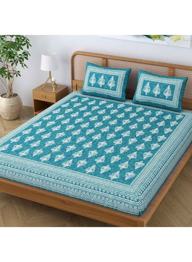 SheetKart Motif Floral 144 TC 100% Cotton Double Bedsheet Jaipuri Printed Bed Cover with 2 Pillow Covers - Sea Green - Image 3