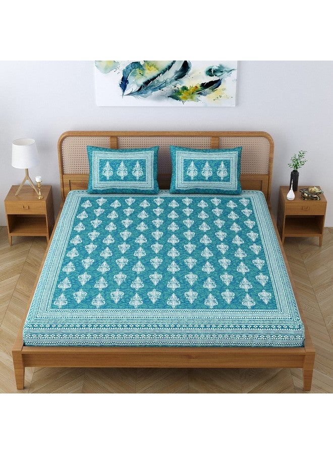 SheetKart Motif Floral 144 TC 100% Cotton Double Bedsheet Jaipuri Printed Bed Cover with 2 Pillow Covers - Sea Green - Image 5