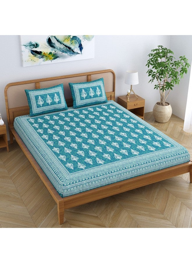 SheetKart Motif Floral 144 TC 100% Cotton Double Bedsheet Jaipuri Printed Bed Cover with 2 Pillow Covers - Sea Green - Image 4