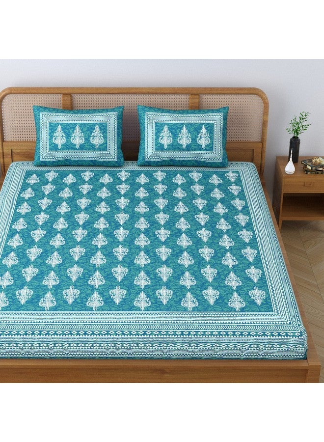 SheetKart Motif Floral 144 TC 100% Cotton Double Bedsheet Jaipuri Printed Bed Cover with 2 Pillow Covers - Sea Green - Image 2