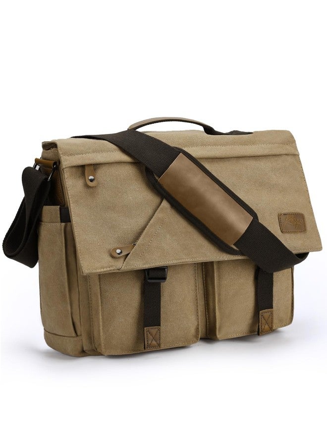 Kasqo Messenger Bag for Men, Vintage Water Resistant Canvas Satchel Briefcase 15.6 inch Laptop Shoulder Bag for Work Business School Khaki - Image 1