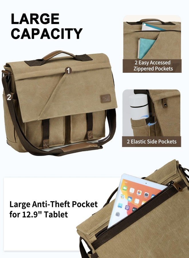 Kasqo Messenger Bag for Men, Vintage Water Resistant Canvas Satchel Briefcase 15.6 inch Laptop Shoulder Bag for Work Business School Khaki - Image 4