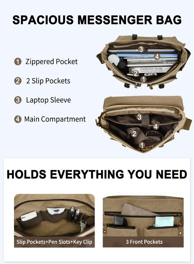 Kasqo Messenger Bag for Men, Vintage Water Resistant Canvas Satchel Briefcase 15.6 inch Laptop Shoulder Bag for Work Business School Khaki - Image 3
