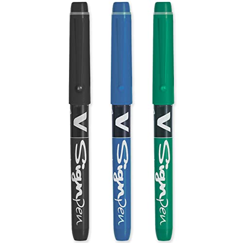 PILOT V Sign Pen - Fineliner Marker Pens - 2.0mm Nib Tip - 0.6mm Line Width - Teacher's Pack of 3 - Black, Blue & Green - Image 1