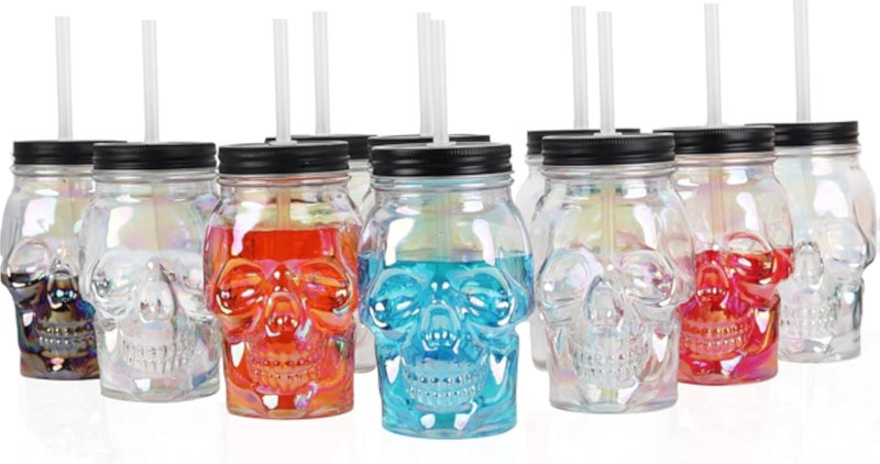 Home Skull Mason Jar Glass Mug Set, Iridescent Design, 591ml Capacity with Lid and Straw, Multicolor Drinkware for Beverages, Modern Style, Set of 2