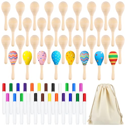 Morcheiong 19Pcs Wooden Maracas for Kids Fiesta Mexican Cinco De Mayo Party Favors Decorations Supplies with 12Pcs Multicolor Pens 1Pcs Drawstring Storage Bag - Image 1