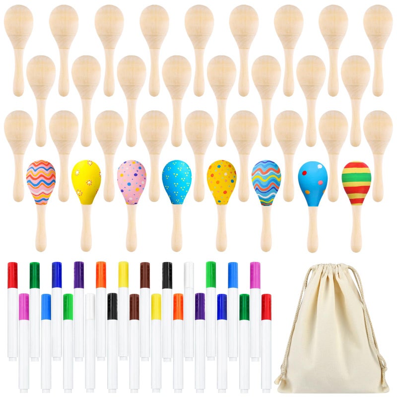 Morcheiong 19Pcs Wooden Maracas for Kids Fiesta Mexican Cinco De Mayo Party Favors Decorations Supplies with 12Pcs Multicolor Pens 1Pcs Drawstring Storage Bag - Image 3