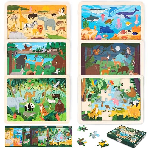 BONNYCO Wooden Puzzles for Kids Ages 46 and 35 Set of 6 Jigsaw Puzzles 24 Pieces with Board Animals from Diverse Ecosystems Educational Toys Learning Gifts for Boys Girls - Image 1