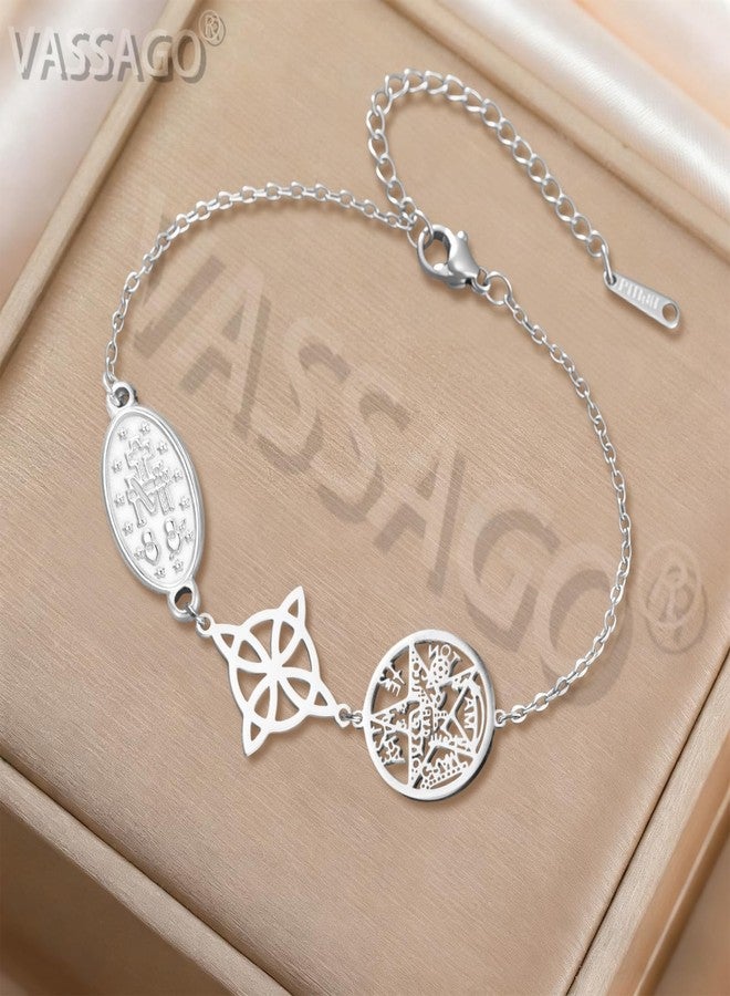 VASSAGO Virgin Mary Bracelet Witches Knot Tetragrammaton Pentagram Bracelet Celtic Knot Pendant Triple Protection Witchcraft Pagan Amulet Christian Jewerly for Women Men (Silver3) - Image 5