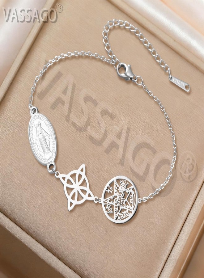 VASSAGO Virgin Mary Bracelet Witches Knot Tetragrammaton Pentagram Bracelet Celtic Knot Pendant Triple Protection Witchcraft Pagan Amulet Christian Jewerly for Women Men (Silver3) - Image 4