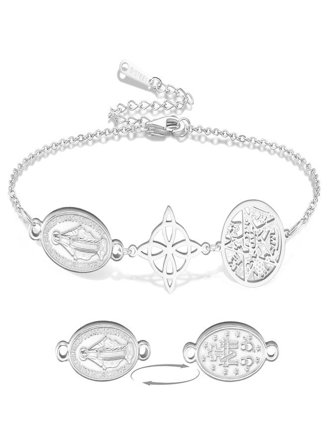 VASSAGO Virgin Mary Bracelet Witches Knot Tetragrammaton Pentagram Bracelet Celtic Knot Pendant Triple Protection Witchcraft Pagan Amulet Christian Jewerly for Women Men (Silver3) - Image 1