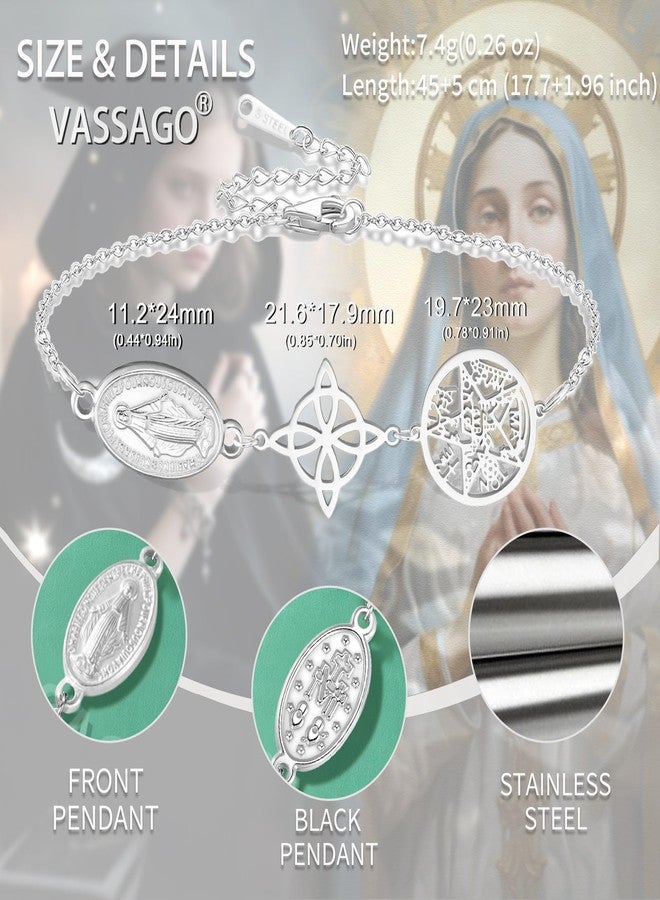 VASSAGO Virgin Mary Bracelet Witches Knot Tetragrammaton Pentagram Bracelet Celtic Knot Pendant Triple Protection Witchcraft Pagan Amulet Christian Jewerly for Women Men (Silver3) - Image 3