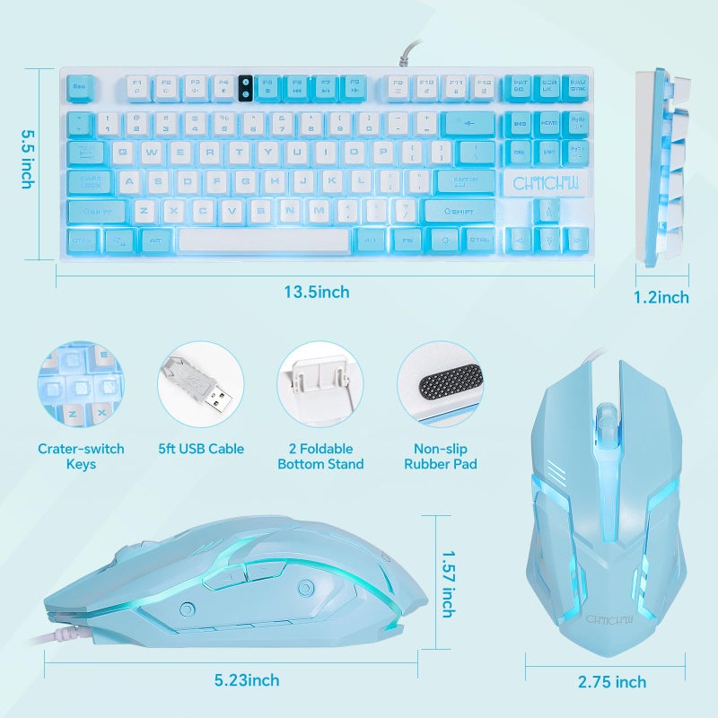 CHONCHOW Blue Keyboard and Mouse Combo, 87 Keys TKL USB Wired LED Light Up Backlit Keyboard, 800-3200 DPI RGB Mouse, Blue Mouse and Keyboard Combo for PS4 PS5 PC Laptop Mac Computers - Image 2