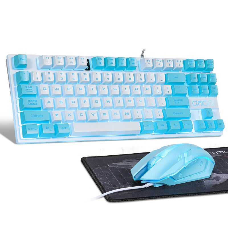 CHONCHOW Blue Keyboard and Mouse Combo, 87 Keys TKL USB Wired LED Light Up Backlit Keyboard, 800-3200 DPI RGB Mouse, Blue Mouse and Keyboard Combo for PS4 PS5 PC Laptop Mac Computers - Image 1