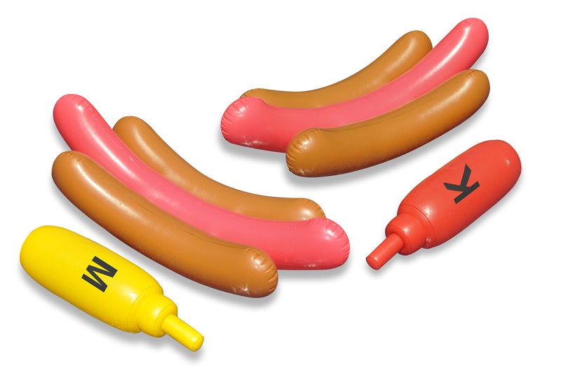 SWIMLINE Inflatable Joust Set Pool Battle Game with RideOn Floats Boppers Hotdog Ketchup Mustard Brown Red Yellow - Image 2