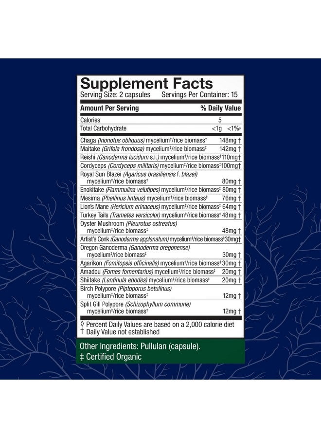 كبسولات Host Defense MyCommunity - مكمل غذائي من مزيج 17 نوعًا من الفطر لدعم المناعة - مساعدة عشبية مع عرف الأسد، والريشي، والشاجا، والكورديسيبس، وذيل الديك الرومي، وغيرها - 30 كبسولة (15 حصة)* - Image 1