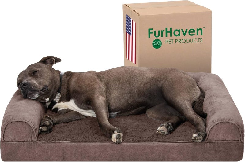 Furhaven Orthopedic Dog Bed for Large/Medium Dogs w/Removable Bolsters & Washable Cover, For Dogs Up to 55 lbs - Faux Fur & Velvet Sofa - Driftwood Brown, Large - Image 1