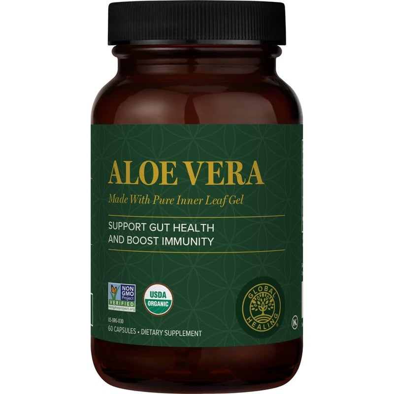 global healing center Global Healing Aloe Vera BioActive Organic Leaf Supplement 200x Concentrate Formula with Highest Concentration of Acemannan AloinFree Gut Health Immune Support 60 Capsules
