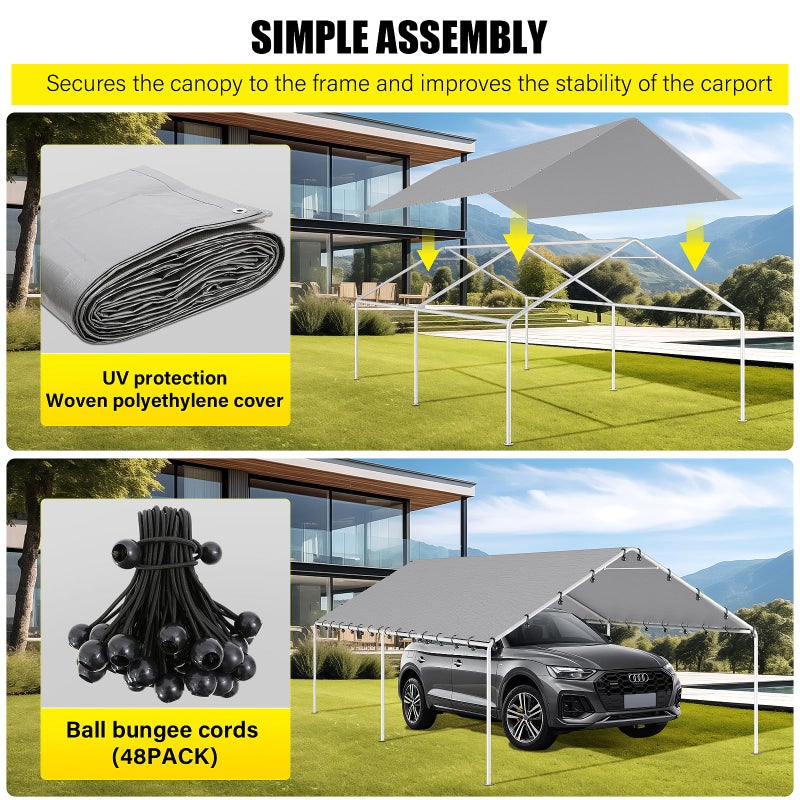 DWALE 10 x 20 Ft Carport,Replacement Canopy Cover Garage Top Tent Shelter Tarp,Grey with 48 Ball Bungee Cords Waterproof & UV Protected (Only Tarp Cover, Frame Not Include) - Image 3