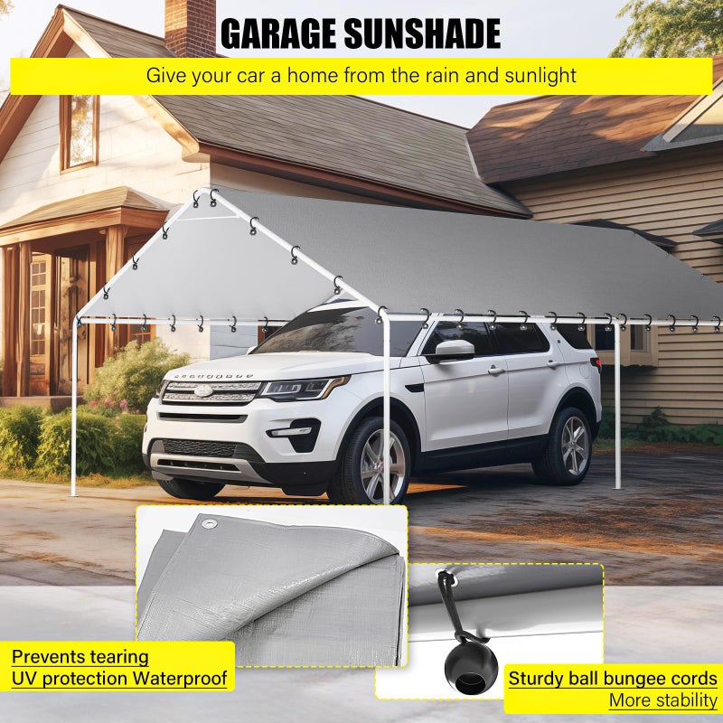 DWALE 10 x 20 Ft Carport,Replacement Canopy Cover Garage Top Tent Shelter Tarp,Grey with 48 Ball Bungee Cords Waterproof & UV Protected (Only Tarp Cover, Frame Not Include) - Image 5