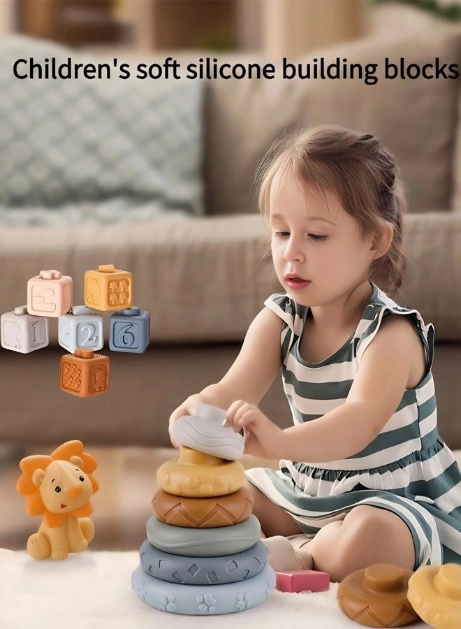 جني ثروة مكعبات بناء للأطفال، مكعبات بناء ناعمة من السيليكون، ألعاب تعليمية لتكديس الحيوانات والأرقام مناسبة للأطفال الرضع، مكعبات ألغاز منقوشة برسوم كرتونية، ألعاب حسية للأطفال، مكعبات تكديس ثلاثية الأبعاد، مكعبات، مكعبات تكديس تعليمية للأطفال. - Image 1
