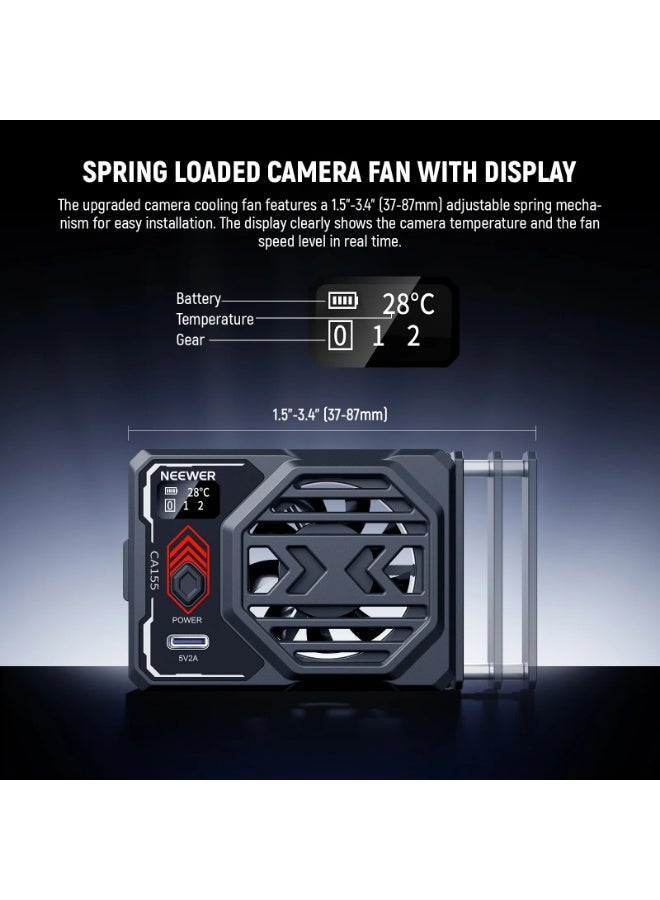 NEEWER CA155 Camera Cooling Fan with Battery – Adjustable Spring Clip, Display, Low/High Speed, Type-C PD Fast Charging, Compatible with DSLR & Mirrorless Cameras - Image 2