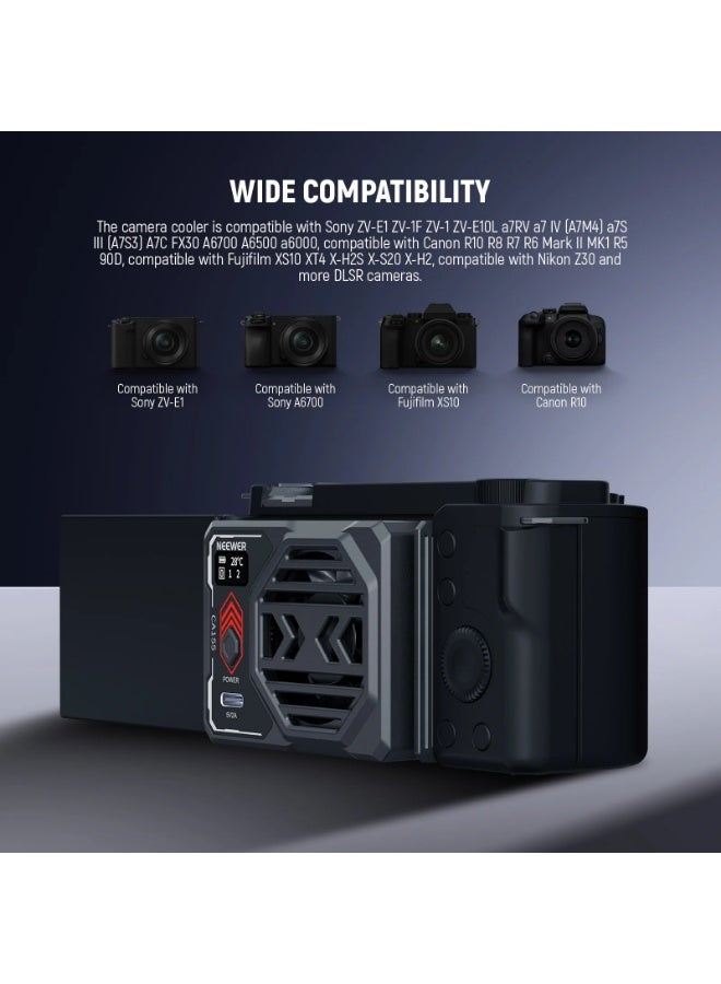 NEEWER CA155 Camera Cooling Fan with Battery – Adjustable Spring Clip, Display, Low/High Speed, Type-C PD Fast Charging, Compatible with DSLR & Mirrorless Cameras - Image 3