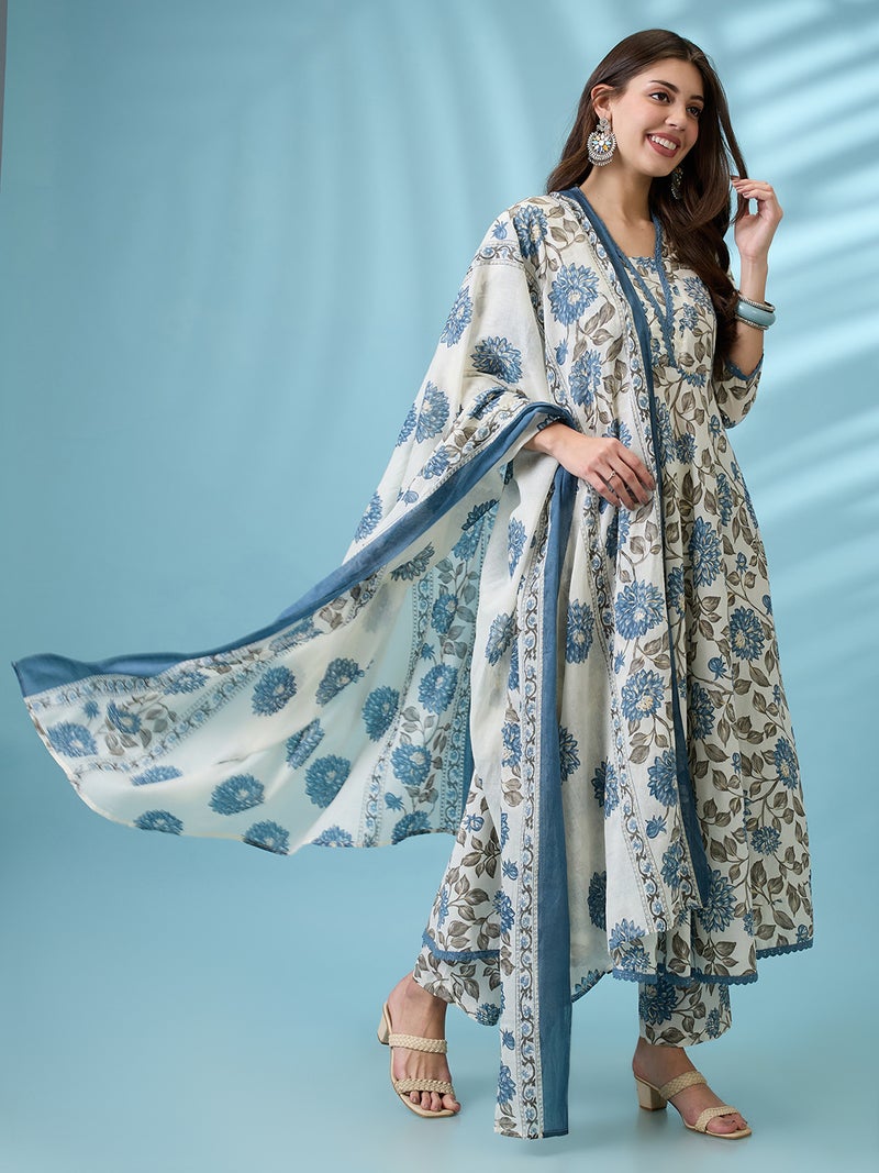 globus Globus Women Blue Allover Floral Printed V-Neck Lace Insert Anarkali Kurta With Pant & Dupatta Set  - Image 1