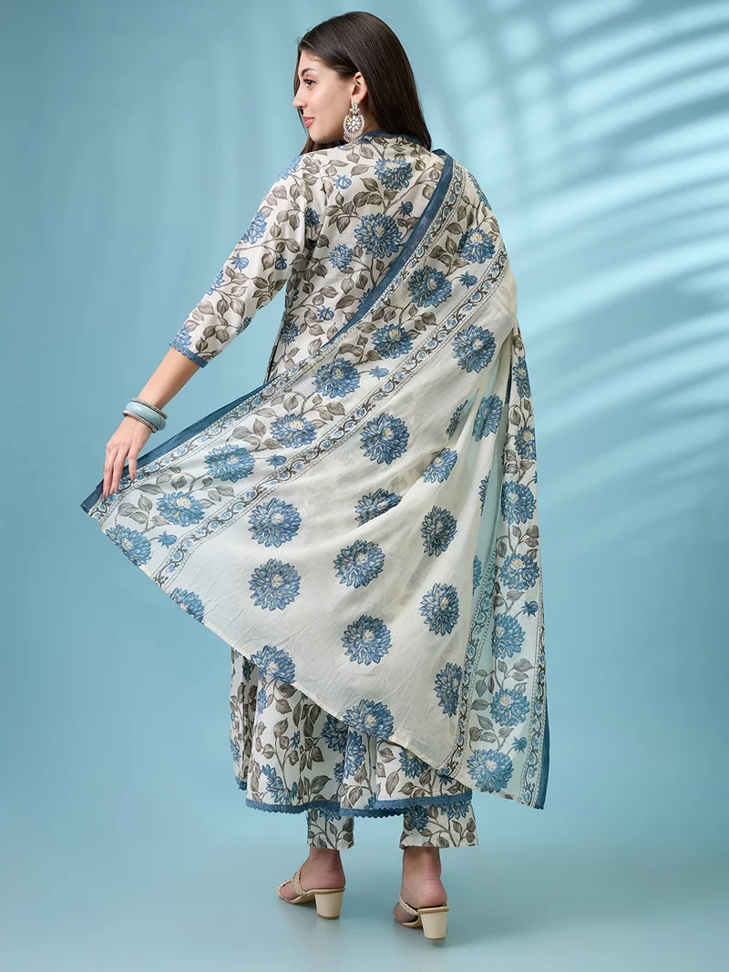 globus Women Blue Allover Floral Printed V-Neck Lace Insert Anarkali Kurta With Pant & Dupatta Set