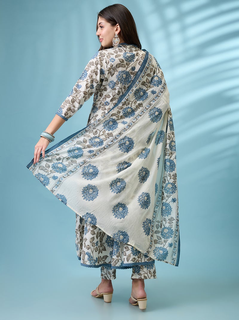 globus Globus Women Blue Allover Floral Printed V-Neck Lace Insert Anarkali Kurta With Pant & Dupatta Set  - Image 3