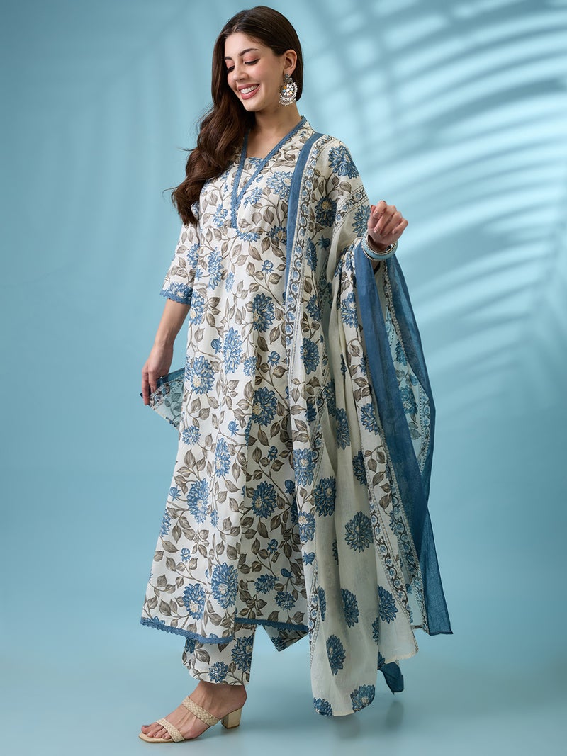 globus Globus Women Blue Allover Floral Printed V-Neck Lace Insert Anarkali Kurta With Pant & Dupatta Set  - Image 2
