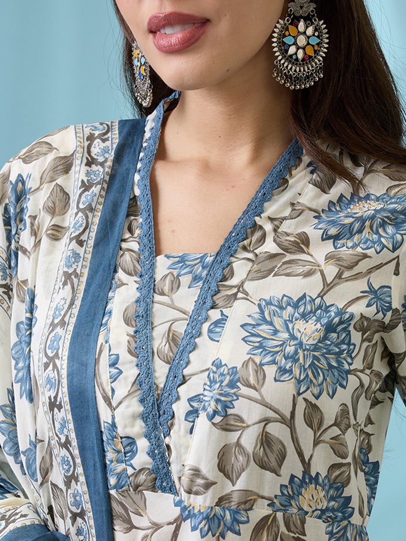 globus Globus Women Blue Allover Floral Printed V-Neck Lace Insert Anarkali Kurta With Pant & Dupatta Set  - Image 4