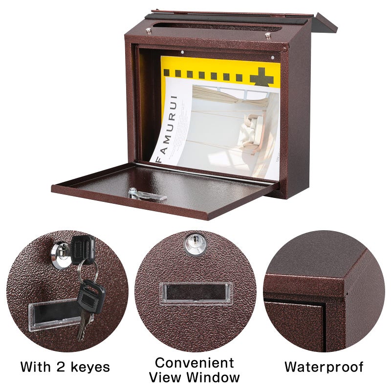 xydled Mail Boxes with Key Lock,Locking Mailbox Wall Mounted, Large Capacity, Galvanized Steel Cover Metal Postbox for House, 14 X 12.5 X 4.25 Inch,Bronze - Image 4