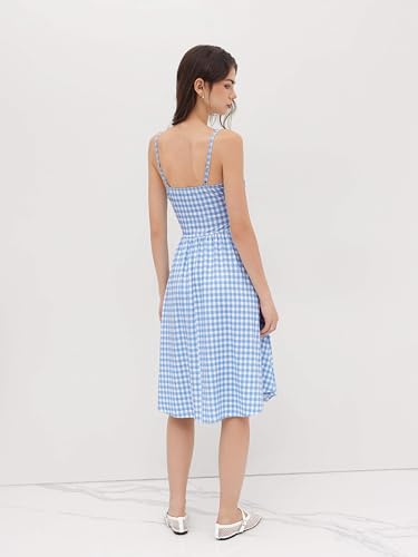 CIDER Women's Summer Gingham Midi Dress Sleeveless Ruched Plaid Dress Spaghetti Strap Dresses Casual Trendy Sky Blue - Image 5