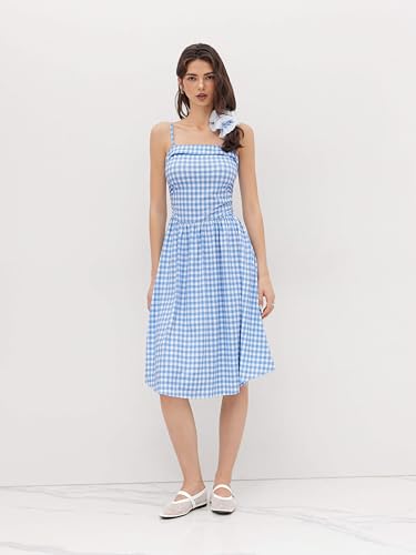 CIDER Women's Summer Gingham Midi Dress Sleeveless Ruched Plaid Dress Spaghetti Strap Dresses Casual Trendy Sky Blue - Image 4