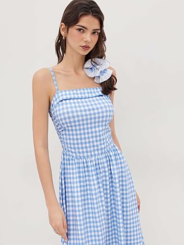 CIDER Women's Summer Gingham Midi Dress Sleeveless Ruched Plaid Dress Spaghetti Strap Dresses Casual Trendy Sky Blue - Image 2