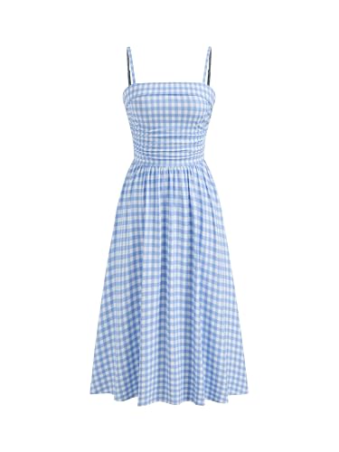 CIDER Women's Summer Gingham Midi Dress Sleeveless Ruched Plaid Dress Spaghetti Strap Dresses Casual Trendy Sky Blue - Image 1