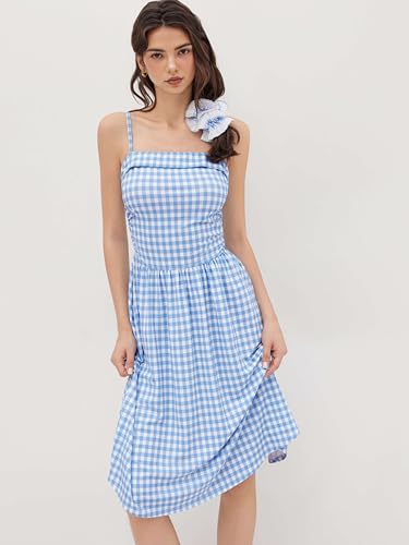 CIDER Women's Summer Gingham Midi Dress Sleeveless Ruched Plaid Dress Spaghetti Strap Dresses Casual Trendy Sky Blue - Image 3