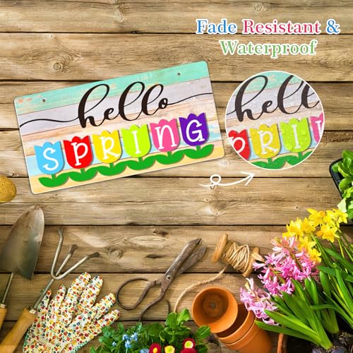 PETCEE Spring Door Hanger - 12" Hello Spring Sign Colorful Tulip Flowers Round Welcome Decor for Front Door Farmhouse Wreath Porch Wall Hanging Easter Decoration Indoor Outdoor Use - Image 4