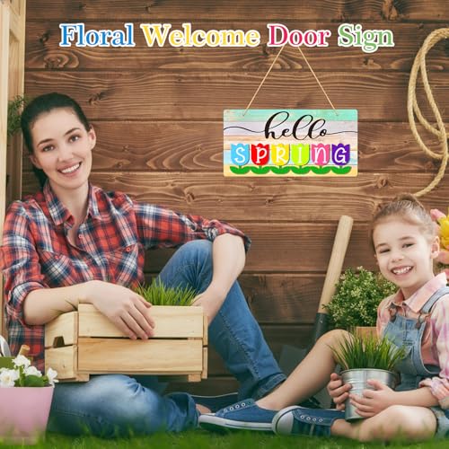 PETCEE Spring Door Hanger - 12" Hello Spring Sign Colorful Tulip Flowers Round Welcome Decor for Front Door Farmhouse Wreath Porch Wall Hanging Easter Decoration Indoor Outdoor Use - Image 3