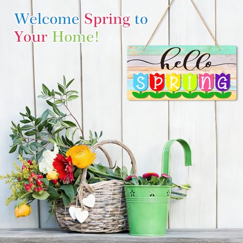 PETCEE Spring Door Hanger - 12" Hello Spring Sign Colorful Tulip Flowers Round Welcome Decor for Front Door Farmhouse Wreath Porch Wall Hanging Easter Decoration Indoor Outdoor Use - Image 2