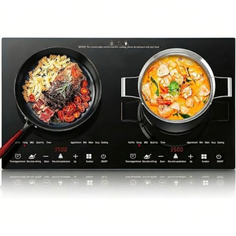 Double Induction Hob, Portable Induction Cooker, Black Glass Plate, 3500W, Independent Touch Control, 8 to10 Power Levels, 10 Temperature Setting, 3 Hour Timer, 11 functional modes, with Plug - Image 1