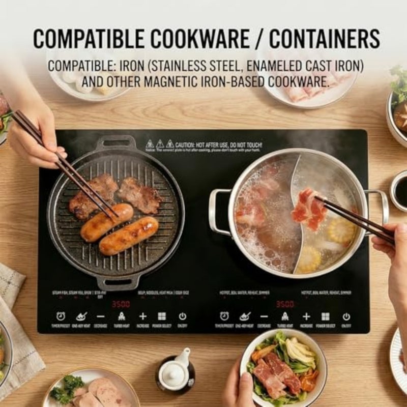 Double Induction Hob, Portable Induction Cooker, Black Glass Plate, 3500W, Independent Touch Control, 8 to10 Power Levels, 10 Temperature Setting, 3 Hour Timer, 11 functional modes, with Plug - Image 3
