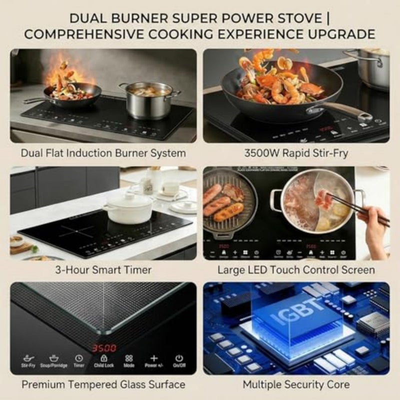 Double Induction Hob, Portable Induction Cooker, Black Glass Plate, 3500W, Independent Touch Control, 8 to10 Power Levels, 10 Temperature Setting, 3 Hour Timer, 11 functional modes, with Plug - Image 5