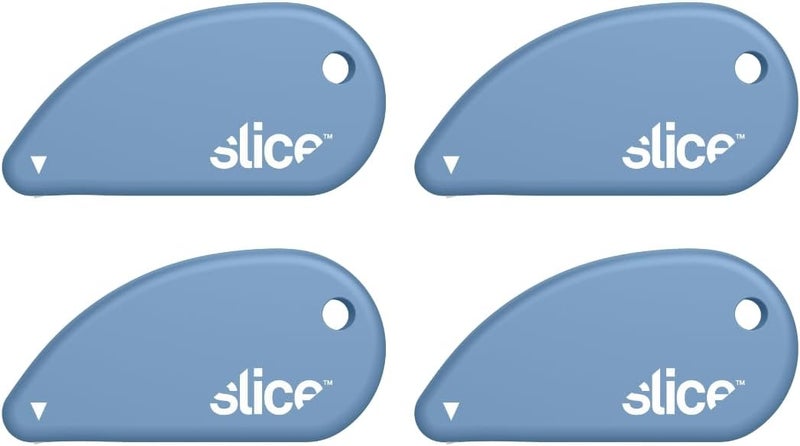 Slice قاطع أمان صغير | قاطع صناديق سيراميكي آمن يدوم 11x أطول من المعدن | فتاحة صناديق على شكل سلسلة مفاتيح | 4 عبوات | سماء - Image 1