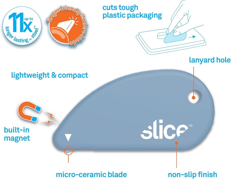 Slice قاطع أمان صغير | قاطع صناديق سيراميكي آمن يدوم 11x أطول من المعدن | فتاحة صناديق على شكل سلسلة مفاتيح | 4 عبوات | سماء - Image 2