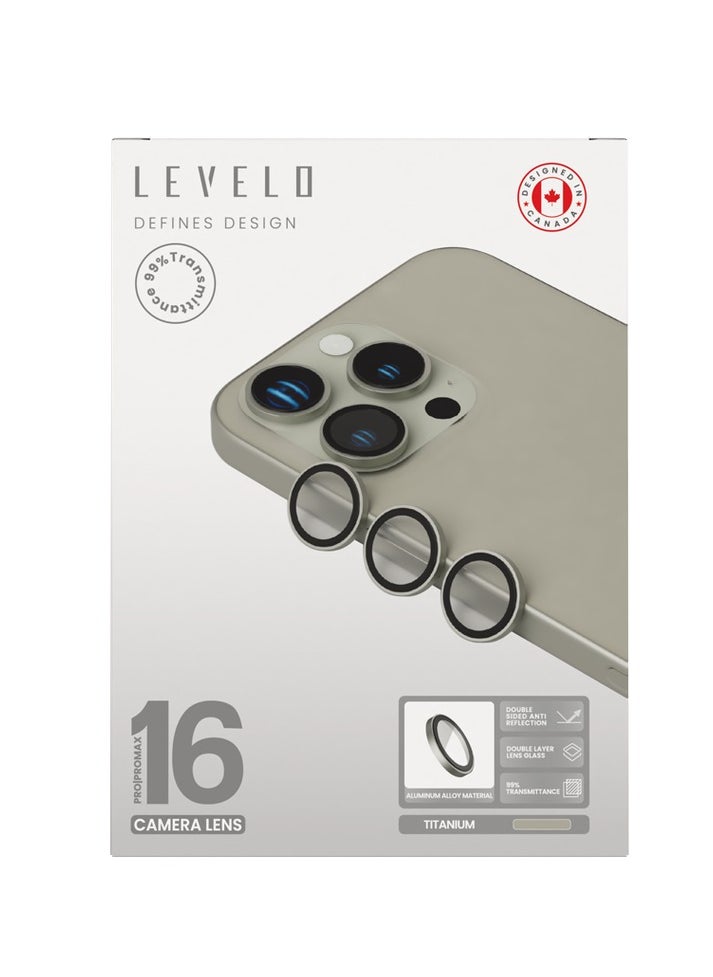 LEVELO - Trio Lens Protector for iPhone 16 Pro/Pro Max / Anti Fingerprint / 9H Hardness Glass / Double Sided Anti Reflection and Durable Camera lens Protector - Titanium - Image 1